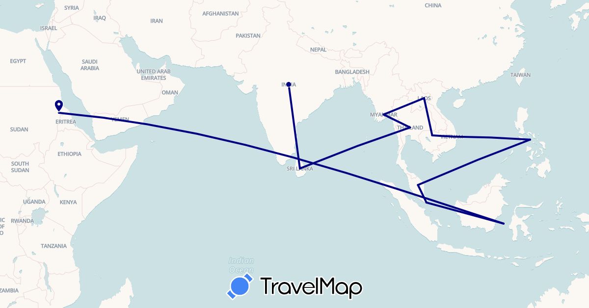 TravelMap itinerary: driving in Indonesia, India, Cambodia, Laos, Sri Lanka, Myanmar (Burma), Malaysia, Philippines, Sudan, Singapore, Thailand, Vietnam (Africa, Asia)